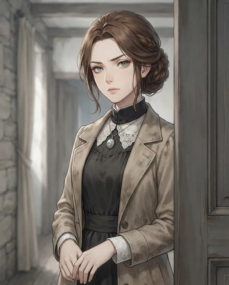 Modern anime key visual, simple background: close portrait of Nella, a young adult woman with long chestnut hair pinned into a neat low bun with a few loose strands, cool grey-green eyes, fair skin and a slim upright build, wearing a faded black high-collared maid-style dress with a carefully mended white lace collar and cuffs under a travel-worn beige coat, a small silver locket on a chain at her throat, composed haughty expression with a flicker of tiredness beneath it, one eyebrow raised as she waits for an answer, framed by a doorway. Cool diffuse daylight. Restrained slate-and-ivory palette with a soft silver highlight on the locket. No text, no watermark.