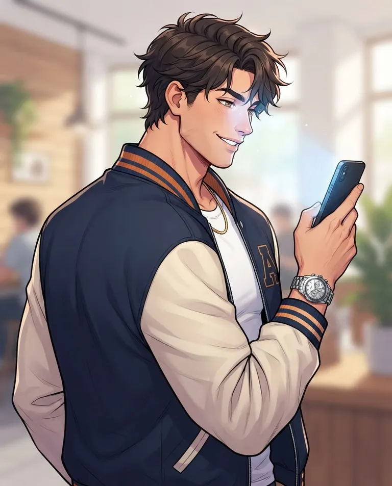 Polished manhwa character art, simple background: over-the-shoulder shot of Sterling, a young adult man with tousled dark-brown hair and sharp hazel eyes, tall athletic broad-shouldered build, wearing an unzipped varsity letterman jacket over a fitted white tee with a gold chain and an expensive watch, holding up a smartphone whose screen shows only a soft blurred glow with no visible interface, smirking with playful amusement as he decodes a text message. Cool screen glow on his face. Playful teasing palette. No text, no letters, no numbers, no writing anywhere in the image, no watermark.