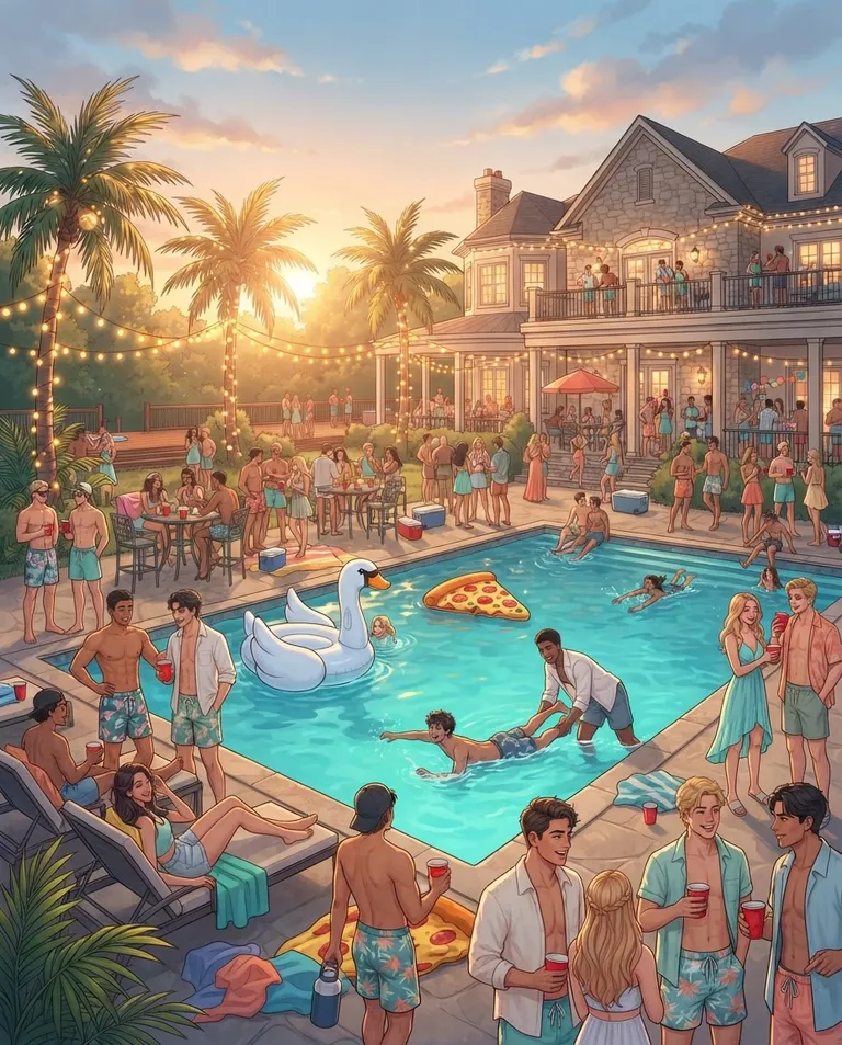 Polished manhwa character art, simple background: wide establishing shot of a sprawling fraternity mansion backyard pool party at golden hour, young adult students in swim trunks, open shirts, and sundresses laughing around a turquoise pool with inflatables, string lights strung between palm trees and cups crowding patio tables. Low golden sun with long soft shadows. Buoyant summer palette of aqua, coral, and gold. No text, no watermark.