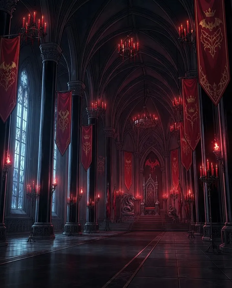 Polished manhwa character art, simple background: wide establishing shot of a vast gothic vampire throne hall with soaring blood-red banners, black marble columns, guttering candelabra and a raised throne at the far end. Cold moonlight through tall stained-glass windows mixing with red candlelight. Oppressive aristocratic mood, crimson and obsidian palette. No text, no watermark.