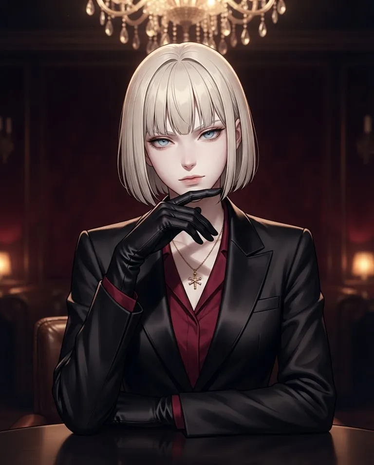 Polished manhwa character art, simple background: close portrait of Coppelia, a young adult woman with sleek platinum-blonde hair cut in a sharp chin-length bob with blunt bangs, cold pale blue eyes, porcelain skin and a slender elegant build, wearing a tailored black silk suit over a deep crimson blouse with long black satin gloves, a fine gold chain with a small marionette-crossbar pendant, studying the viewer with cool amused appraisal, chin resting on laced gloved fingers, seated beneath a low chandelier in a dim velvet-walled lounge. Soft golden chandelier light with hard shadows. Dangerous amber-and-noir palette. No text, no watermark.