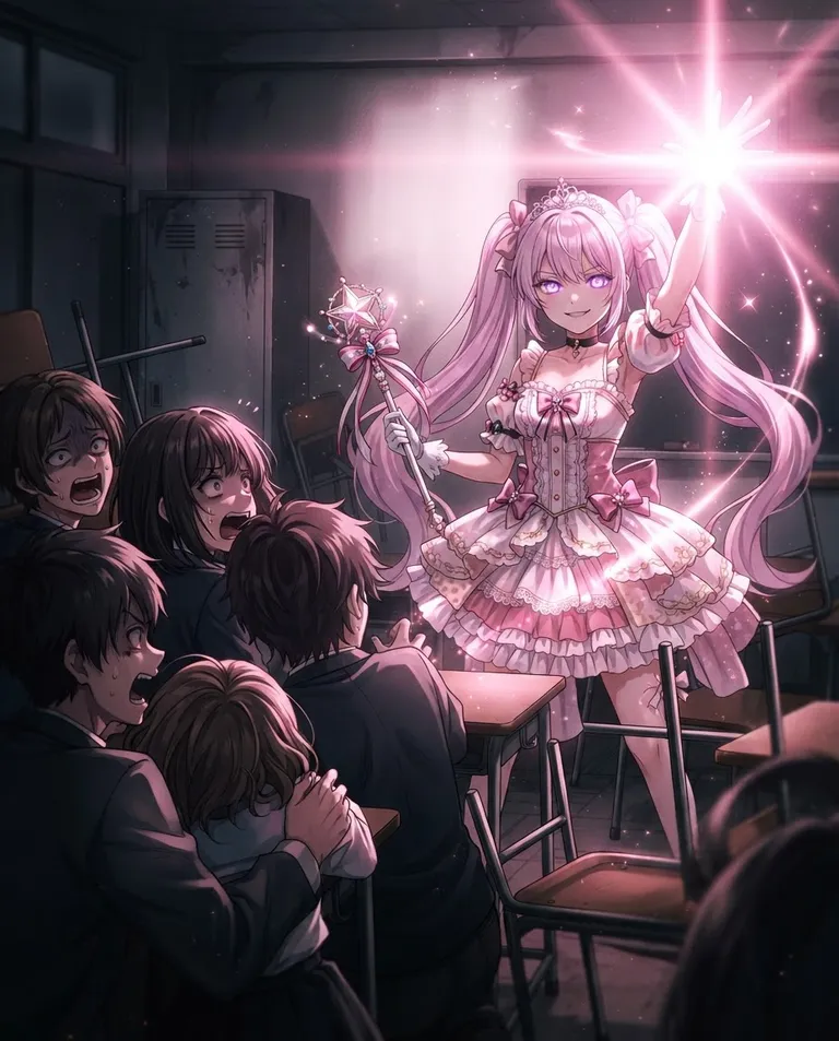 Modern anime key visual, simple background: dramatic over-the-shoulder shot past cowering students toward Mika, a young adult woman with long pastel-pink twin-tails and bright violet eyes, petite build, wearing an ornate magical-girl cosplay outfit of a frilled white-and-pink dress with puffed sleeves, a jeweled tiara, and a star-topped wand, casually raising one hand with a serene, untroubled smile as the class recoils in terror. Harsh light flaring behind her raised hand. Tense pink-and-shadow palette, a mood of gleeful menace. No text, no watermark.