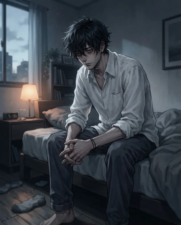 Modern anime key visual, simple background: low-angle shot of Ren Takahashi, a young adult man with messy black hair and heavy-lidded dark eyes, lean toned build, wearing a loose half-buttoned white shirt, a thin black cord bracelet on one wrist, his face drawn and weary, sitting on the edge of a bed with his head bowed and hands clasped, sleepless exhaustion in his posture as pale early light spills over him. Cool pre-dawn light with a single warm lamp. Muted melancholic palette. No text, no watermark.