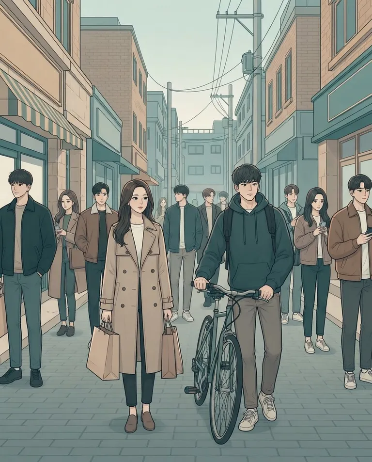 Polished manhwa character art, simple background: waist-up shot down a city street of fully clothed young adult strangers paused mid-step in their daily routines, shopping bags and bicycles stilled, every head turned slightly toward the camera with calm compliant expressions, no one touching anyone. Flat late-afternoon light. Uncanny, hushed, desaturated teal-and-beige palette. No text, no letters, no numbers, no writing anywhere in the image, no watermark.