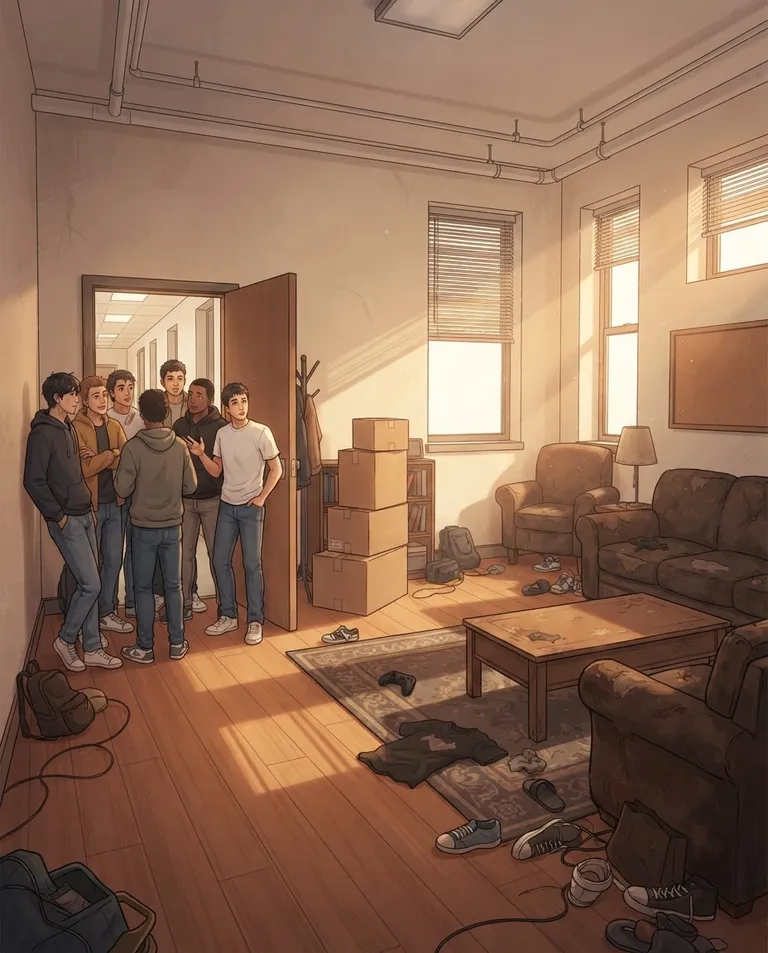 Polished manhwa character art, simple background: wide establishing shot of a college dorm common room with a worn couch, scattered sneakers, a game controller on the rug, and plain unmarked moving boxes stacked by the open door, bare walls with no posters or pennants, sunlight cutting across the floor as the whole floor of guys glances toward the entrance. Soft golden-hour light through blinds. Lived-in warm palette with hints of teal. No text, no letters, no numbers, no writing anywhere in the image, no watermark.