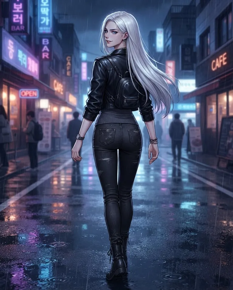 Polished manhwa character art, simple background: over-the-shoulder shot of Sasha, a tall young adult woman (21, six feet tall) with long straight platinum-white hair, ice-blue eyes, fair skin and a lean athletic build, wearing a black cropped leather jacket over a grey ribbed tank top and ripped black jeans, a thin silver cross earring, walking away across a rain-slicked city street at night, glancing back over her shoulder with a faint smirk. Cold streetlight and neon reflections on wet pavement. Moody blue and violet palette, dangerous allure. No text, no watermark.