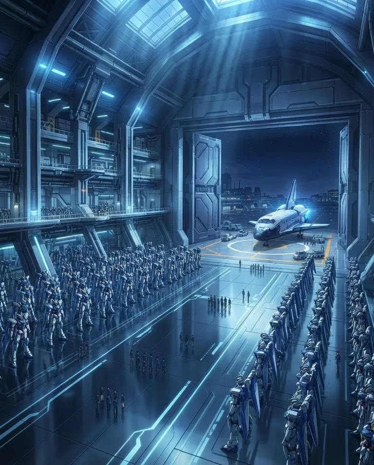 Modern anime key visual, simple background: wide establishing shot of the academy landing bay from high above, ranks of towering mecha training frames in gleaming rows along mirrored floors, tiny figures of cadets crossing the deck, a shuttle settling onto its pad under vast hangar doors. Cold cathedral-scale light shafts. Immense, immaculate, chrome-and-blue palette. No text, no watermark.
