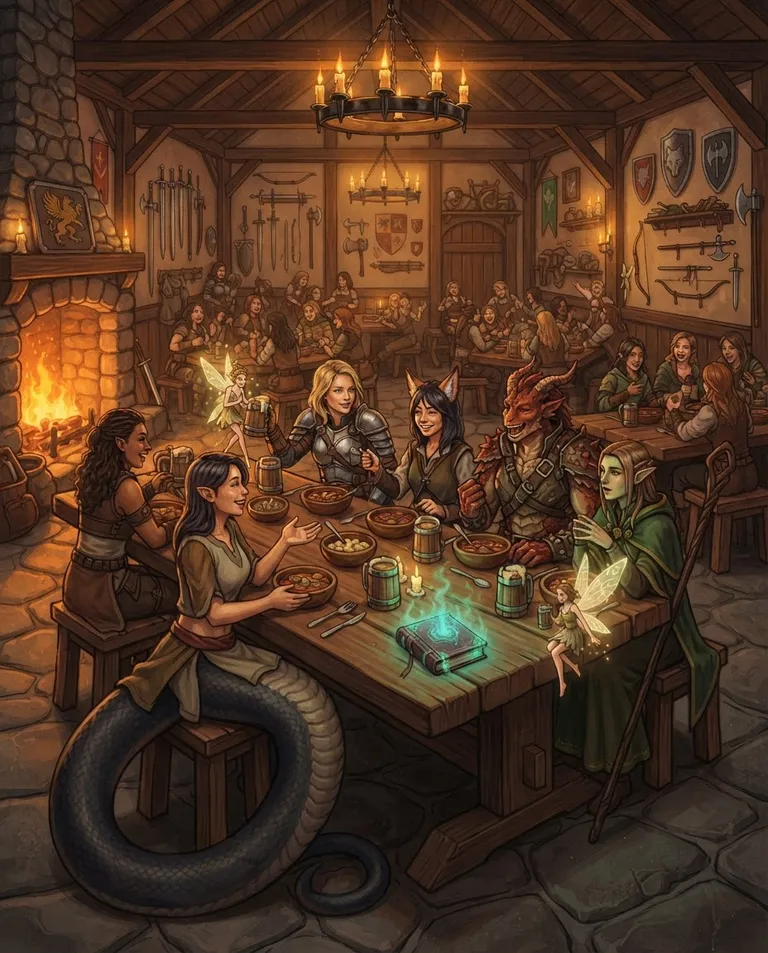 Western RPG fantasy illustration, simple background: wide establishing shot of a lively adventurers' guild hall at evening, a long dining table where the guild's young adult women crowd over tankards and stew bowls: an armored warrior woman, a fox-eared kitsune woman, a lamia whose upper half is a young woman dressed in a cloth tunic and whose lower half is a long coiled serpent tail, a dragon knight woman with a human face, small horns and scattered scales, an elf mage woman, and a small winged fairy woman, every face a lovely human woman's face, every woman fully clothed in adventurer's garb, every single person in the hall a young adult woman beneath iron chandeliers, racks of polished weapons and plain heraldic shields along timber walls, a great stone hearth blazing, an ancient tome glowing faintly at the table's center. Warm firelight with a cold green magical gleam. Cozy, adventurous amber-and-emerald palette. No text, no watermark.