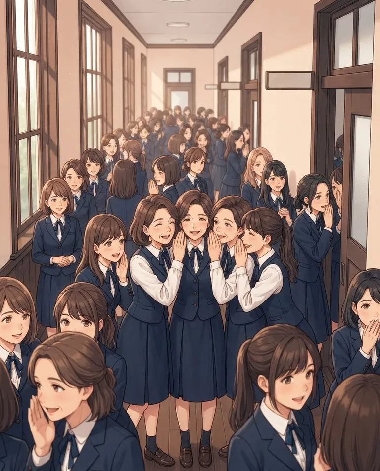 Modern anime key visual, simple background: waist-up shot of a crowded academy hallway filled with young adult university women in their twenties with mature adult proportions, in neat fully buttoned uniforms, all turned toward the camera with intent curiosity, some leaning out of classroom doorways and whispering behind their hands, every door plate and wall completely blank. Warm interior light through tall corridor windows. Buzzing, expectant peach-and-navy palette. No text, no letters, no numbers, no writing anywhere in the image, no watermark.