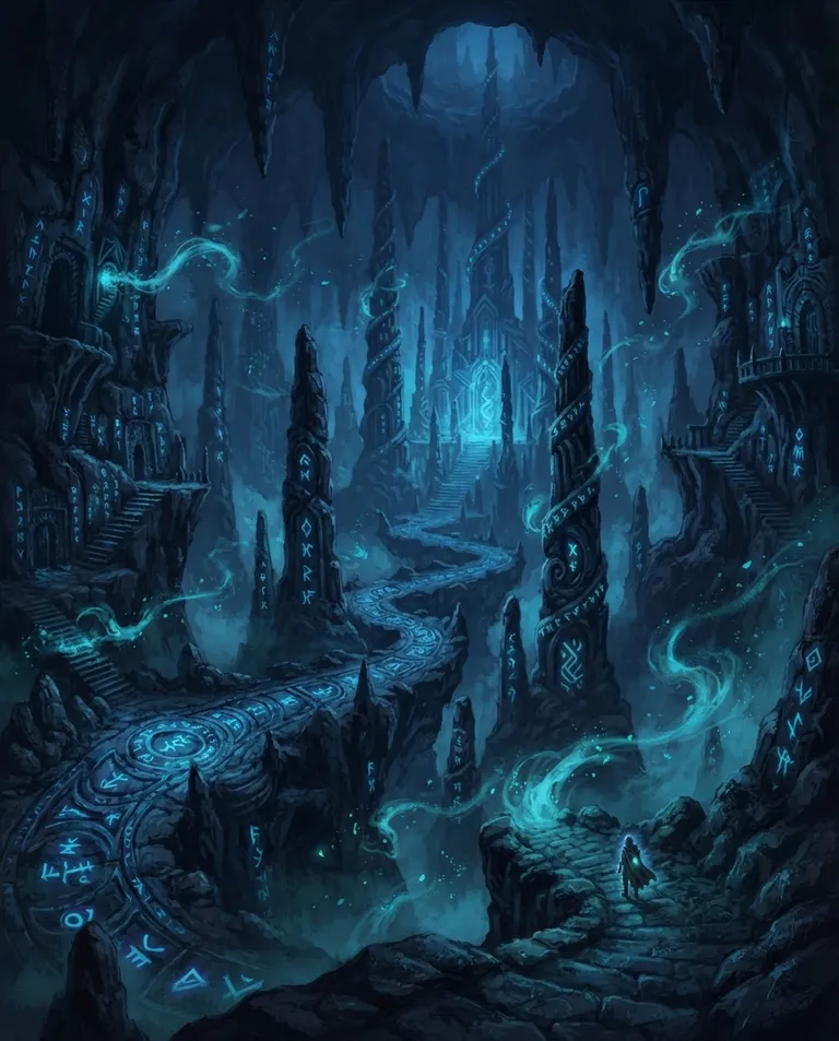 Western RPG fantasy illustration, simple background: wide establishing shot of a vast underground cavern of towering dark stone spires, ancient glowing runes carved into the floor and walls pulsing with magical light, wisps of enchanted energy drifting through the cold air. Eerie blue rune-glow as the only light. Deep indigo-and-cyan palette, an ominous mysterious mood. No text, no watermark.