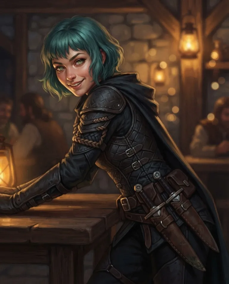 Western RPG fantasy illustration, simple background: close portrait of The Rogue, a young adult woman with a short teal bob and green eyes, lithe, wearing fitted dark-leather armor with twin daggers at her hips, eyes bright with mischief, leaning close with a curious teasing look as if inspecting the new recruit. Soft lantern light. Cool teal and warm gold palette. No text, no watermark.