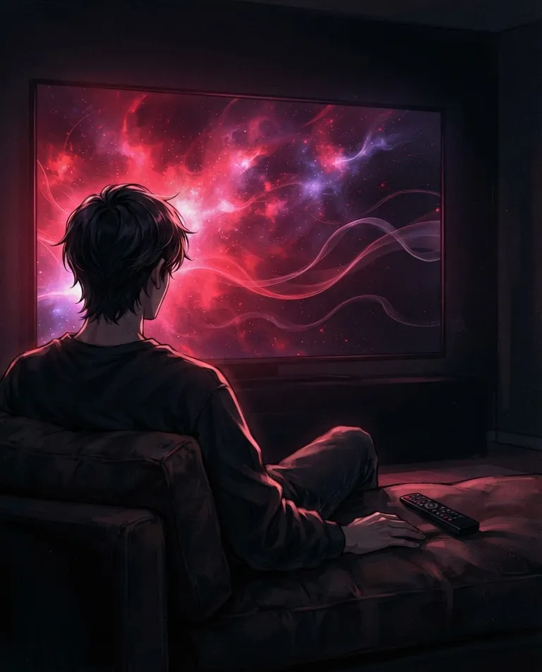 Polished manhwa character art, simple background: over-the-shoulder shot from behind a silhouetted young adult viewer seated on a plush sofa, facing an enormous television whose screen is alive with drifting abstract crimson and violet glow and slow ribbons of light, the remote resting on the cushion beside them. Screen light blooming into a black room. Immersive smoldering violet-and-crimson palette. No text, no letters, no numbers, no writing anywhere in the image, no watermark.