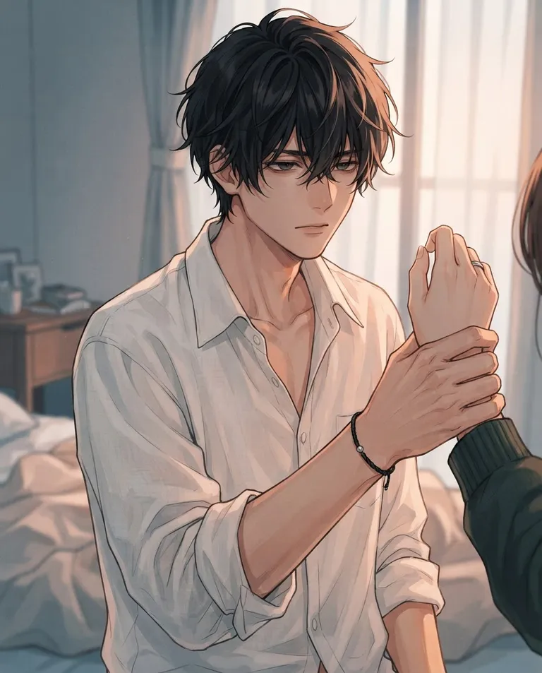 Modern anime key visual, simple background: waist-up shot of Ren Takahashi, a young adult man with messy black hair and heavy-lidded dark eyes, lean toned build, wearing a loose half-buttoned white shirt, a thin black cord bracelet on one wrist, reaching out to gently but firmly hold a wrist, his gaze softening and darkening at once in the morning light. Warm dawn glow with soft shadows. Tender-but-tense palette. No text, no watermark.