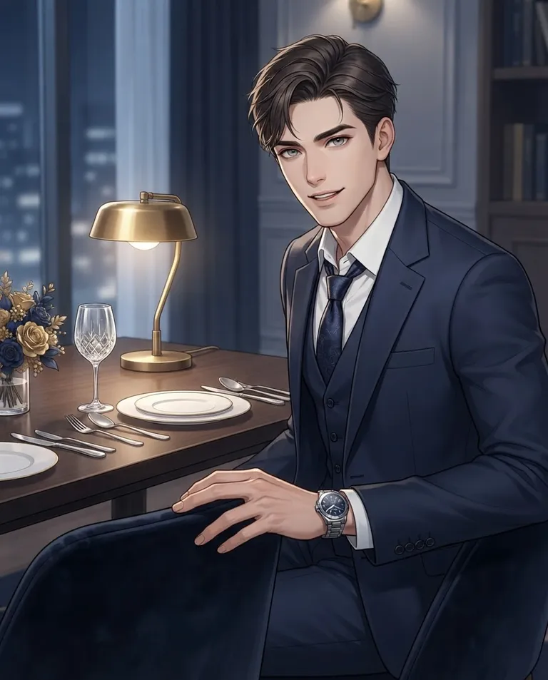 Polished manhwa character art, simple background: over-the-shoulder shot of Elias, a man in his early thirties with neatly styled dark brown hair, sharp grey eyes, fair skin and a tall lean build, wearing a crisp navy three-piece suit with a loosened silk tie, an expensive silver watch on his wrist, patting the empty chair beside him and looking up at the viewer with an eager, expectant expression. Cool interior light softened by warm desk lamp glow. Intimate navy-and-gold palette. No text, no watermark.