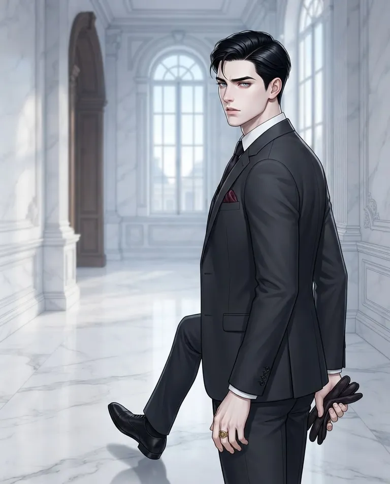 Polished manhwa character art, simple background: over-the-shoulder shot of Lucian Vane-Ashcroft, a young adult man with immaculate jet-black hair swept back from a sharp side part, pale-blue eyes, fair flawless skin and a tall slender aristocratic frame, wearing a tailored charcoal three-piece suit with a crisp white shirt and a deep-burgundy silk pocket square, a gold signet ring on his little finger, pausing mid-step in a marble hallway as if stopped by an unseen limit, expression flickering between annoyance and reluctant respect toward the viewer. Cool afternoon light through tall windows. Crisp silver-blue-and-marble palette. No text, no watermark.