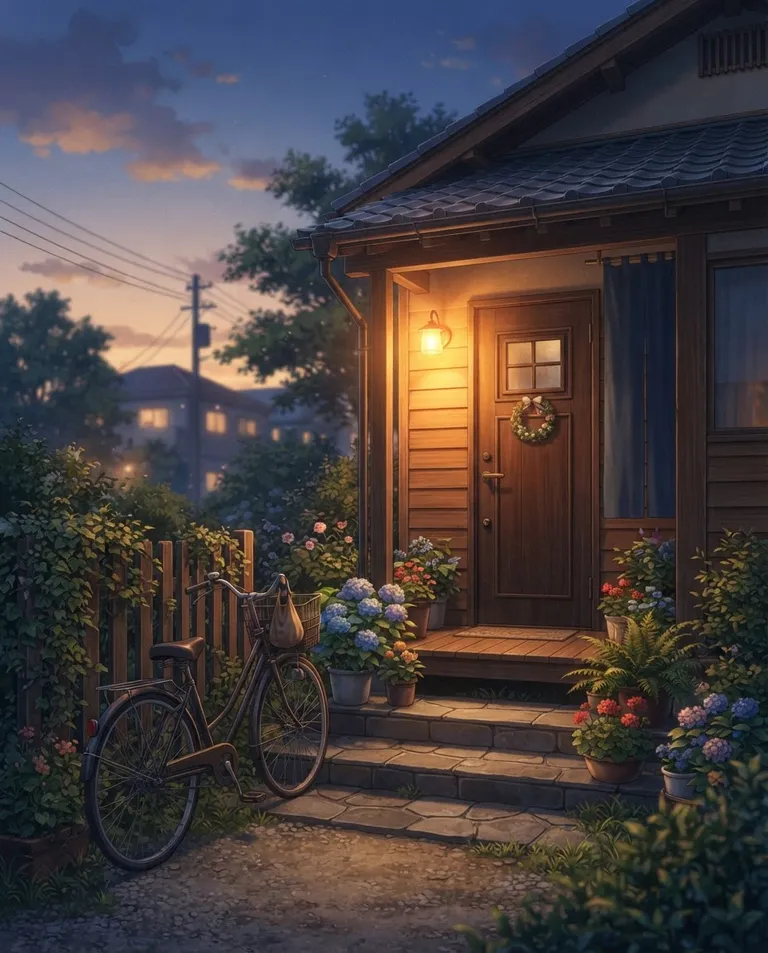 Modern anime key visual, simple background: wide establishing shot of a quiet residential doorstep at evening, a warm porch lamp glowing over a wooden front door, potted flowers on the steps and a bicycle leaning by the low garden gate, the sky fading from soft orange to deep blue. Cozy lamplight against dusk. Gentle nostalgic amber-and-indigo palette. No text, no watermark.