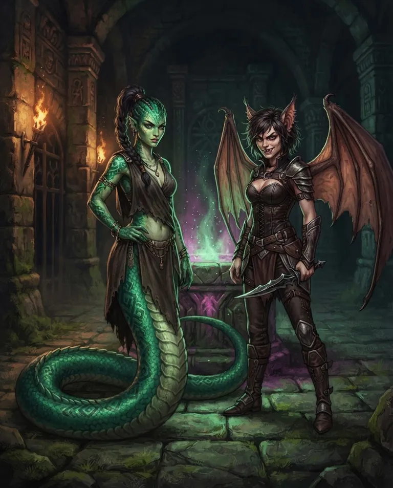 Western RPG fantasy illustration, simple background: medium shot of two young adult monster-girl women on a deeper dungeon floor eyeing each other in rivalry beside a glowing altar, one a lamia with a long serpentine tail and green scales in a dark half-drape, the other a winged bat-girl with leathery wings and a fanged smirk in a fitted dark bodice, both turning their gaze toward the viewer. Warm torchlight and a faint magical shimmer from the altar. Jewel-toned emerald and plum palette, competitive charged tension. No text, no watermark.