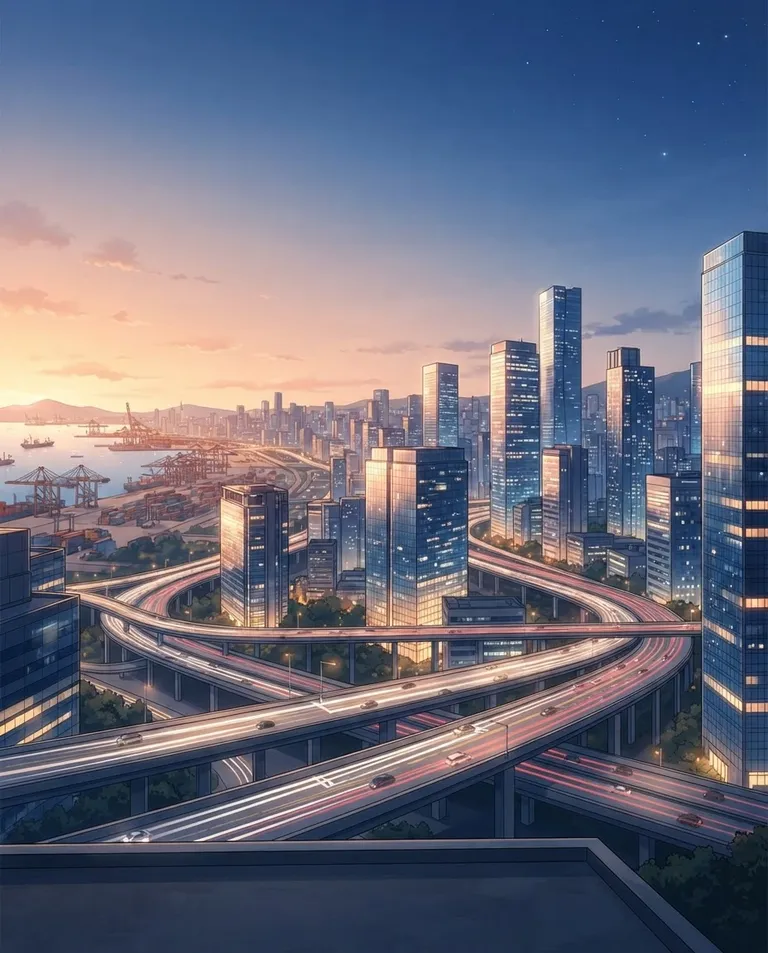 Polished manhwa character art, simple background: wide establishing shot of a sprawling modern city at dusk, glass skyscrapers, streaming car headlights on layered highways, distant harbor and cranes. Golden-hour light fading into blue evening haze. Vast ambitious open-world mood, warm-to-cool gradient palette. No text, no watermark.
