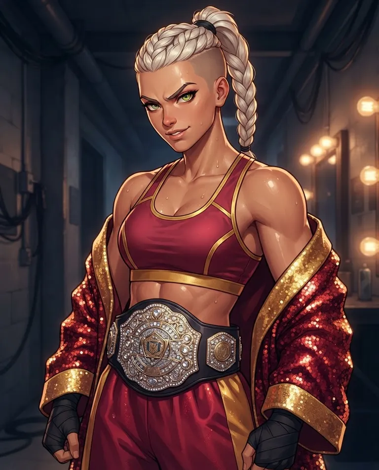 Polished manhwa character art, simple background: close portrait of Brynn, a young adult woman with platinum blonde hair in a tight high braid over a shaved undercut, bold green eyes, tan skin and a powerful athletic build, wearing a gold-trimmed crimson athletic top and matching long boxing trunks with a sequined championship robe hanging open off her shoulders, a jeweled champion belt slung around her waist, confident smirk and one eyebrow raised in amused challenge, tilting her chin at the viewer with a faint sheen of sweat catching the light, in a dim backstage corridor. Warm dressing-room bulbs against cool shadow. Charismatic amber-and-crimson palette. No text, no watermark.