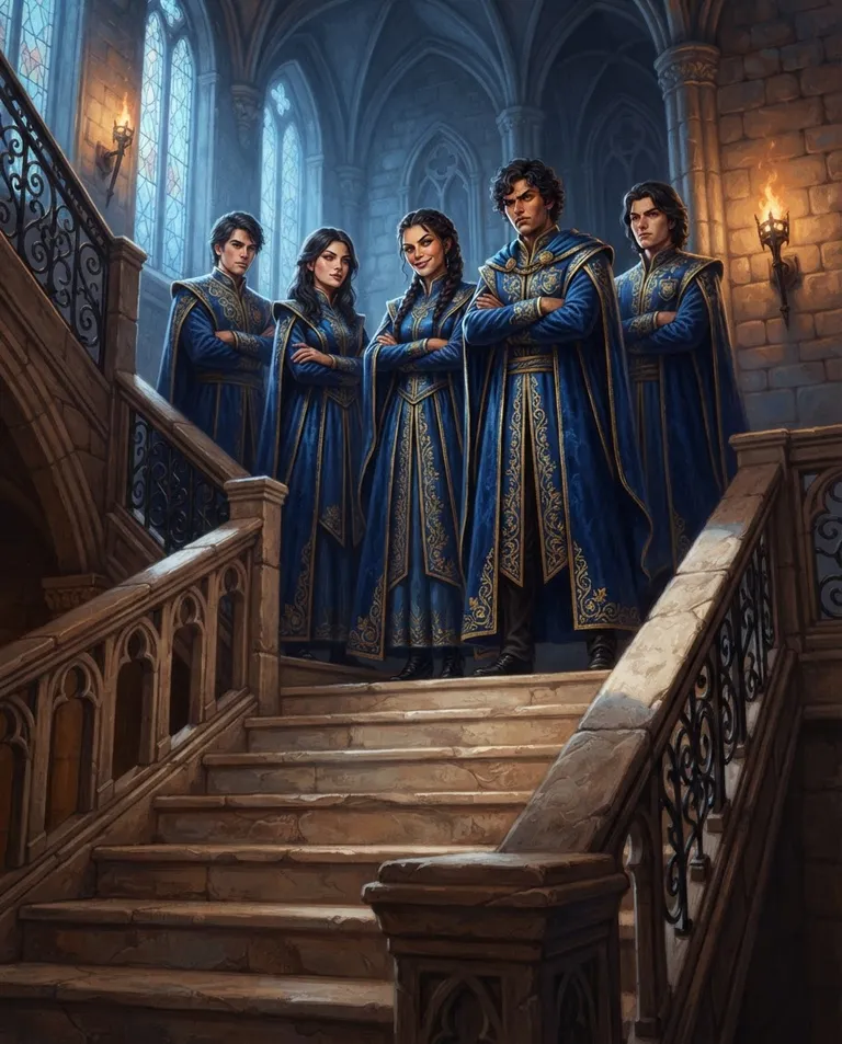 Western RPG fantasy illustration, simple background: low-angle shot of a cluster of aloof young adult upperclassmen in ornate house robes standing on a grand staircase, arms folded, watching newcomers below with cool appraising expressions. Cold light from high windows with warm torch accents. Regal blue-and-gold palette. No text, no watermark.