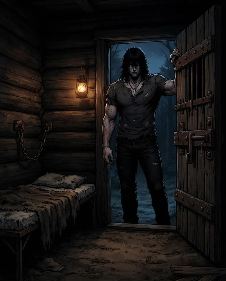 Polished manhwa character art, simple background: wide establishing shot of a locked, windowless cabin room deep in the woods where a captive is kept, a heavy bolted wooden door, a single cot and a chain on the wall, with Silas, a young adult man in his early thirties with shaggy black hair, piercing ice-blue eyes, tall and heavily muscled with pale skin and faint scars across one forearm, wearing a torn dark grey henley and black trousers, a leather cord necklace with a single wolf fang, standing in the doorway as a looming silhouette. Faint lantern light against the cold blue dark beyond. Oppressive isolated mood, dim amber and slate palette. No text, no watermark.