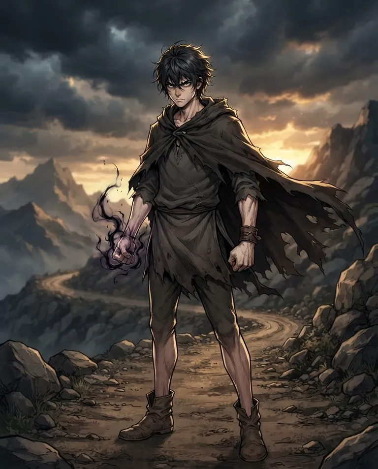 Polished manhwa character art, simple background: low-angle shot of the Classless outcast, a young adult man with messy dark hair, dark eyes, a lean wiry build with pale skin, wearing a worn grey tunic under a tattered dark cloak, a cracked leather band on his wrist, standing alone on an empty mountain road, jaw tight with fierce determination, faint dark energy curling around his clenched fist. Dramatic golden-hour rim light against a stormy sky. Defiant rising-power mood, charcoal and ember palette. No text, no watermark.