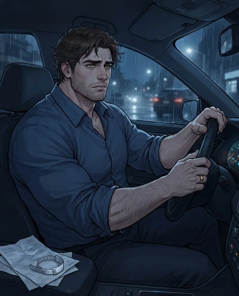 Polished manhwa character art, simple background: over-the-shoulder shot of Grant Harrison, a man in his early thirties with tousled dark brown hair, hazel eyes, tall and broad-shouldered with a heavy build and light stubble, wearing a rumpled navy dress shirt with the sleeves shoved up and collar open, a gold wedding band on his left hand, gripping a car steering wheel with the crumpled hospital papers on the passenger seat, his face hollow and stricken as he stares ahead and rain streaks the windshield. Cold streetlight and dashboard glow. Somber blue palette, a mood of dawning panic and regret. No text, no watermark.