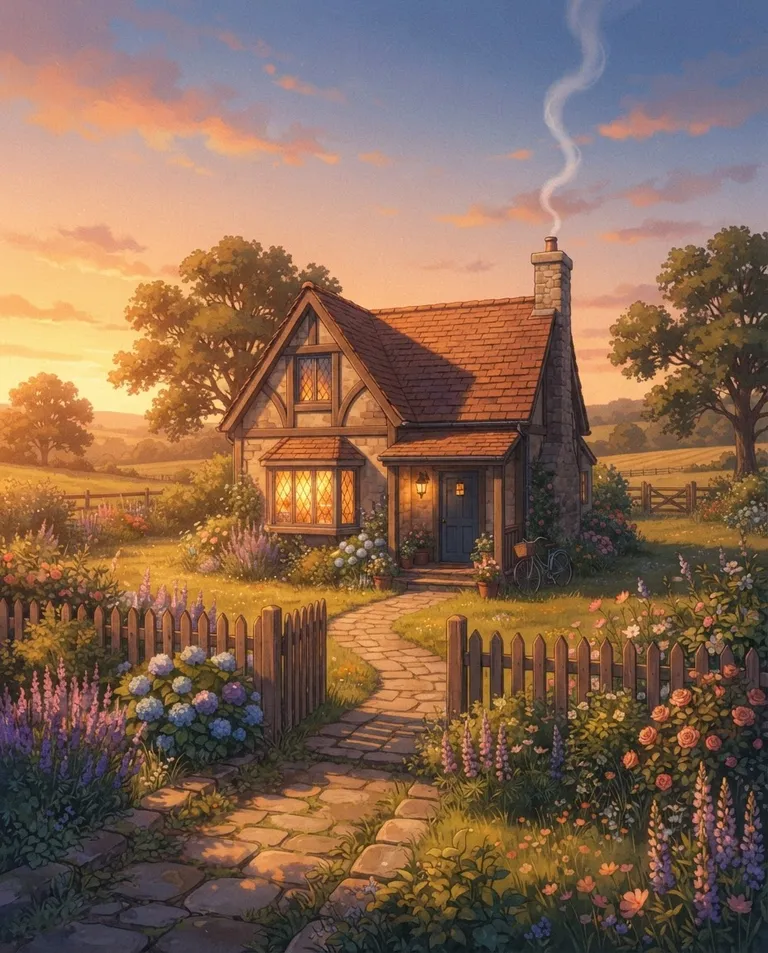 Modern anime key visual, simple background: wide establishing shot of a small cozy cottage at golden hour, a low garden fence and flower beds along the front path, warm light glowing from the kitchen window, a thin curl of smoke rising from the chimney into a soft evening sky. Deep golden-hour sunlight. Nostalgic amber-and-rose palette. No text, no watermark.