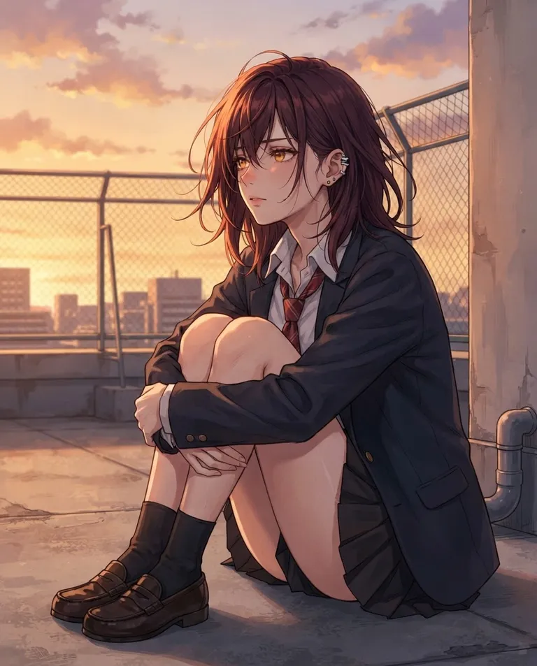 Modern anime key visual, simple background: waist-up shot of Mara, a young adult woman with dark auburn hair in a messy shoulder-length cut with uneven bangs, sharp amber eyes, pale skin and a lean athletic build, wearing a loosely worn navy university blazer over an untucked white shirt with a loosened red tie and a short pleated skirt, a single silver ear cuff on her left ear, alone on an empty rooftop after class with her guard slipping into a lonely faraway look, arms wrapped around her knees. Golden-hour rim light. Warm melancholy orange-and-violet palette. No text, no watermark.