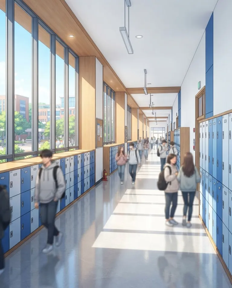 Polished manhwa character art, simple background: wide establishing shot of a modern university hallway lined with lockers, students blurred in the background, sunlight streaming through tall windows onto a polished floor. Crisp daytime light. Clean contemporary campus palette of blue, white, and warm wood. No text, no watermark.