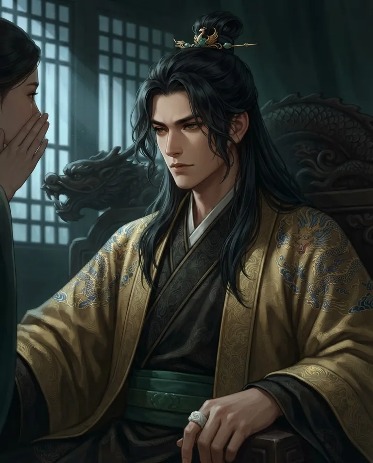 Polished manhwa character art, simple background: close portrait of Zhao Wei, a young adult man with long ink-black hair drawn up into a gold-pinned topknot with loose strands framing his face, sharp dark brown eyes, warm light skin and a tall elegant build, wearing layered golden imperial robes embroidered with dragons over black silk under-robes, a carved white jade ring on his thumb, eyes hardening with quiet lethal resolve as he listens to a whispered report, seated on a carved dragon throne in a shadowed audience hall. Cold slanting daylight through lattice screens. Ominous jade-and-shadow palette. No text, no watermark.