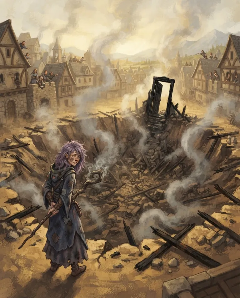 Western RPG fantasy illustration, simple background: wide establishing shot of a smoking city-block crater where a guild hall used to stand, charred beams and a lone standing doorframe at the rim, stunned townsfolk peering from distant rooftops, and at the crater's edge a tiny sheepish young adult purple-haired mage in singed robes hiding her still-smoking staff behind her back. Hazy midday light through drifting smoke. Comedic disaster warmth, dusty gold-and-ash palette. No text, no watermark.