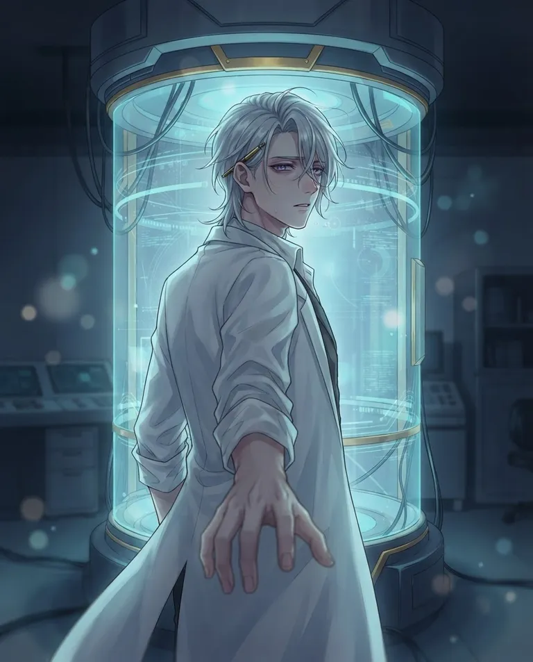 Modern anime key visual, simple background: over-the-shoulder shot of Casimir, a young adult man with silver-white hair swept back and falling loose in stray strands, sharp violet eyes with faint dark circles beneath them, pale skin and a slim elegant build, wearing a long open white lab coat over a charcoal waistcoat and a rumpled white dress shirt with the collar undone, a small brass stylus tucked behind his ear, breath caught in cautious awe, reaching a trembling hand toward the viewer standing inside a softly glowing humanoid charging station, in a dim sci-fi laboratory. Cool station glow washing over his face. Fragile wonder-and-dread blue-and-gold palette. No text, no watermark.