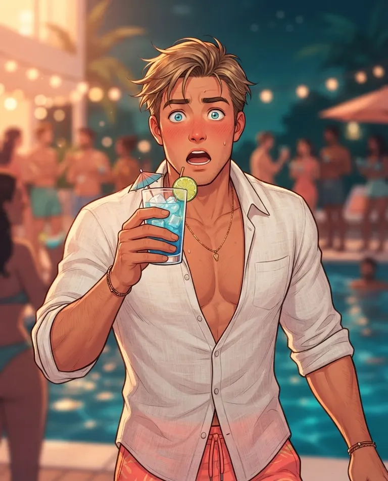 Polished manhwa character art, simple background: close portrait of Tanner, a young adult man with sun-streaked dirty-blond hair in a short swept-back cut, bright blue eyes, sun-tanned skin and a broad-shouldered athletic build, wearing an unbuttoned white linen shirt over coral swim trunks, a thin gold chain necklace, grin collapsing into wide-eyed speechless shock with a rising blush, a drink frozen halfway toward the viewer, blurred party lights and pool water behind him. Warm golden-hour glow. Comedic peach-and-teal palette. No text, no watermark.